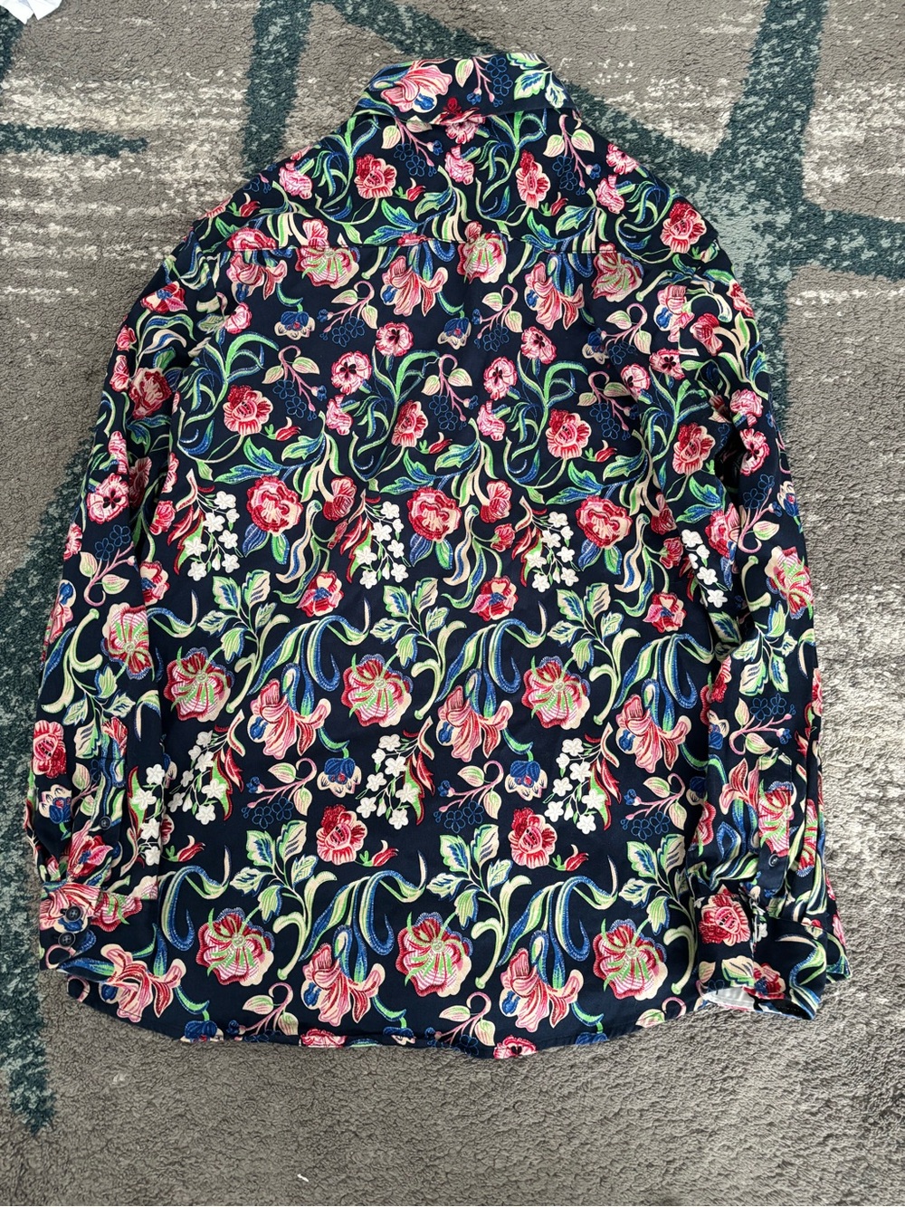 Rock & Roll Navy Floral Button-Up Shirt with Pink & Green Embroidery